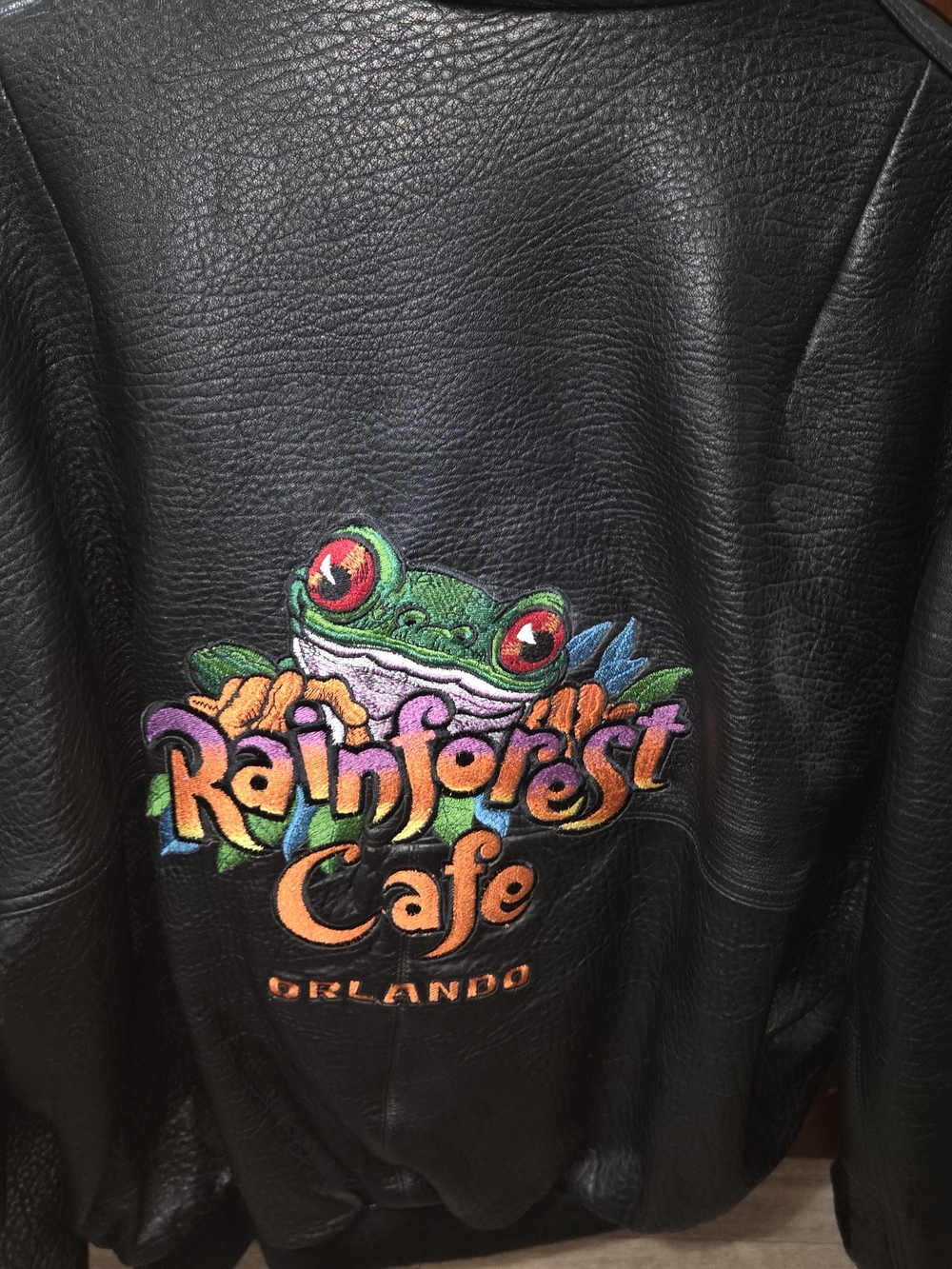 RAINFOREST Black Leather Jacket with Colorful Frog Patch